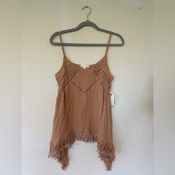 coco + jaimeson Tops - Brown Asymmetrical Crochet-Trim Spaghetti Strap Tank, Size M, Boho Fairy